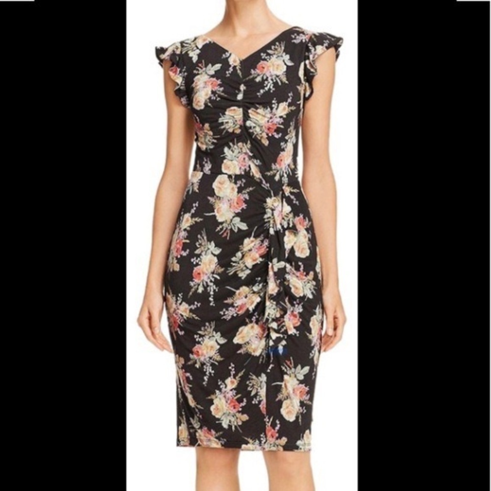 Rebecca Taylor Wool Blend Dress‎ Size Medium** Floral Black Ruffle Bouquet Knee